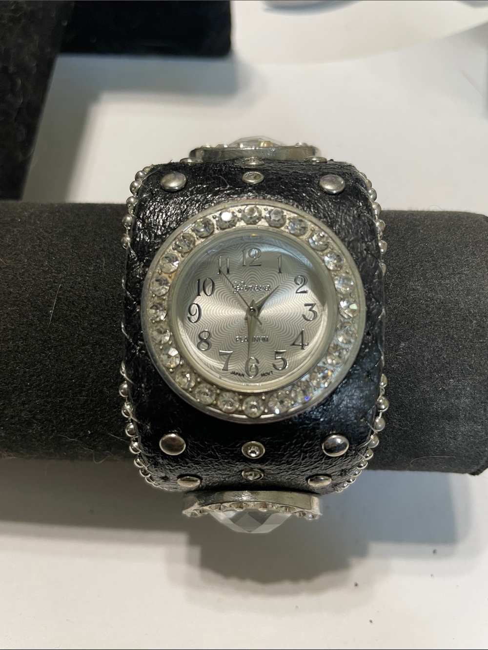 Geneva Black Crystal-Embellished Leather Cuff Watch    Needs Battery.